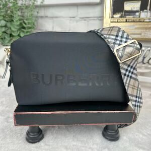 Burberry beauty black canvas pouch crossbody with plaid strap. NEW! Gift!